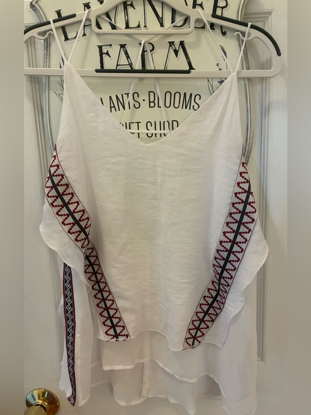 Dex White V-Neck Camisole with Red & Black Embroidered Trim